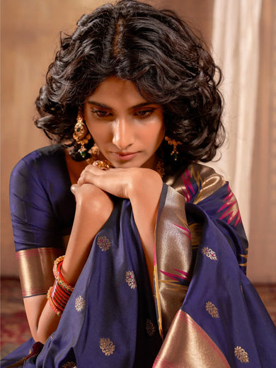 Glamorous Navy Blue Zari Weaving Banarasi Silk Traditional Saree